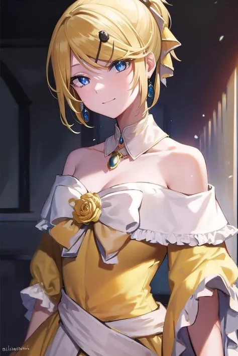 riliane, <lyco:riliane-lyco-nochekaiser:1>,
riliane, blonde hair, blue eyes, ponytail, short hair, parted bangs, <lora:gekioko_v200:1>, smile, grin,
BREAK bow, bracelet, dangle earrings, detached collar, dress, (yellow dress:1.5), dress bow, earrings, flower, flower brooch, frilled dress, frills, gown, hair bow, hair ornament, hairclip, jewelry, long sleeves, necklace, off shoulder, off-shoulder dress, pendant, sash, wide sleeves,
BREAK cowboy shot, looking at viewer,
BREAK indoors,
BREAK <lyco:GoodHands-beta2:1>, (masterpiece:1.2), best quality, high resolution, unity 8k wallpaper, (illustration:0.8), (beautiful detailed eyes:1.6), extremely detailed face, perfect lighting, extremely detailed CG, (perfect hands, perfect anatomy),