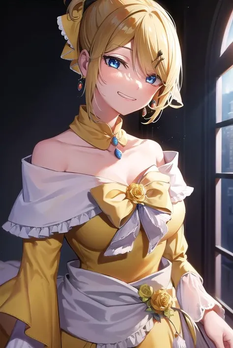 riliane, <lyco:riliane-lyco-nochekaiser:1>,
riliane, blonde hair, blue eyes, ponytail, short hair, parted bangs, <lora:gekioko_v200:1>, smile, grin, <lora:talkmouth_I_v100:1>, open mouth,
BREAK bow, bracelet, dangle earrings, detached collar, dress, (yellow dress:1.5), dress bow, earrings, flower, flower brooch, frilled dress, frills, gown, hair bow, hair ornament, hairclip, jewelry, long sleeves, necklace, off shoulder, off-shoulder dress, pendant, sash, wide sleeves,
BREAK cowboy shot, looking at viewer,
BREAK indoors,
BREAK <lyco:GoodHands-beta2:1>, (masterpiece:1.2), best quality, high resolution, unity 8k wallpaper, (illustration:0.8), (beautiful detailed eyes:1.6), extremely detailed face, perfect lighting, extremely detailed CG, (perfect hands, perfect anatomy),