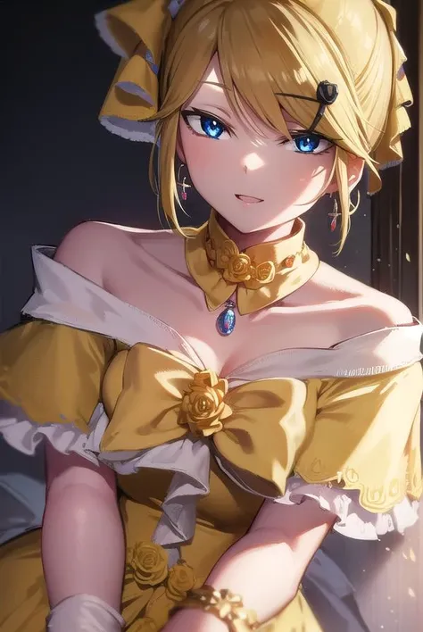 riliane, <lyco:riliane-lyco-nochekaiser:1>,
riliane, blonde hair, blue eyes, ponytail, short hair, parted bangs, <lora:gekioko_v200:1>, smile, grin,
BREAK bow, bracelet, dangle earrings, detached collar, dress, (yellow dress:1.5), dress bow, earrings, flower, flower brooch, frilled dress, frills, gown, hair bow, hair ornament, hairclip, jewelry, long sleeves, necklace, off shoulder, off-shoulder dress, pendant, sash, wide sleeves,
BREAK cowboy shot, looking at viewer,
BREAK indoors,
BREAK <lyco:GoodHands-beta2:1>, (masterpiece:1.2), best quality, high resolution, unity 8k wallpaper, (illustration:0.8), (beautiful detailed eyes:1.6), extremely detailed face, perfect lighting, extremely detailed CG, (perfect hands, perfect anatomy),