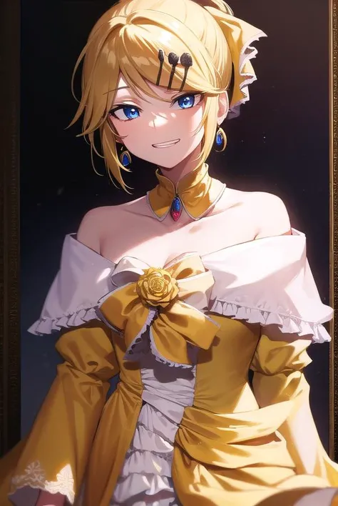riliane, <lyco:riliane-lyco-nochekaiser:1>,
riliane, blonde hair, blue eyes, ponytail, short hair, parted bangs, <lora:gekioko_v200:1>, smile, grin, <lora:talkmouth_I_v100:1>, open mouth,
BREAK bow, bracelet, dangle earrings, detached collar, dress, (yellow dress:1.5), dress bow, earrings, flower, flower brooch, frilled dress, frills, gown, hair bow, hair ornament, hairclip, jewelry, long sleeves, necklace, off shoulder, off-shoulder dress, pendant, sash, wide sleeves,
BREAK cowboy shot, looking at viewer,
BREAK indoors,
BREAK <lyco:GoodHands-beta2:1>, (masterpiece:1.2), best quality, high resolution, unity 8k wallpaper, (illustration:0.8), (beautiful detailed eyes:1.6), extremely detailed face, perfect lighting, extremely detailed CG, (perfect hands, perfect anatomy),