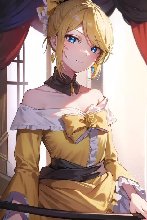 riliane, <lyco:riliane-lyco-nochekaiser:1>,
riliane, blonde hair, blue eyes, ponytail, short hair, parted bangs, <lora:gekioko_v200:1>, smile, grin,
BREAK bow, bracelet, dangle earrings, detached collar, dress, (yellow dress:1.5), dress bow, earrings, flower, flower brooch, frilled dress, frills, gown, hair bow, hair ornament, hairclip, jewelry, long sleeves, necklace, off shoulder, off-shoulder dress, pendant, sash, wide sleeves,
BREAK cowboy shot, looking at viewer,
BREAK indoors,
BREAK <lyco:GoodHands-beta2:1>, (masterpiece:1.2), best quality, high resolution, unity 8k wallpaper, (illustration:0.8), (beautiful detailed eyes:1.6), extremely detailed face, perfect lighting, extremely detailed CG, (perfect hands, perfect anatomy),