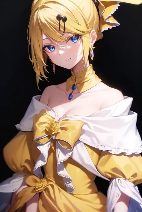 riliane, <lyco:riliane-lyco-nochekaiser:1>,
riliane, blonde hair, blue eyes, ponytail, short hair, parted bangs, <lora:gekioko_v200:1>, smile, grin,
BREAK bow, bracelet, dangle earrings, detached collar, dress, (yellow dress:1.5), dress bow, earrings, flower, flower brooch, frilled dress, frills, gown, hair bow, hair ornament, hairclip, jewelry, long sleeves, necklace, off shoulder, off-shoulder dress, pendant, sash, wide sleeves,
BREAK cowboy shot, looking at viewer,
BREAK indoors,
BREAK <lyco:GoodHands-beta2:1>, (masterpiece:1.2), best quality, high resolution, unity 8k wallpaper, (illustration:0.8), (beautiful detailed eyes:1.6), extremely detailed face, perfect lighting, extremely detailed CG, (perfect hands, perfect anatomy),