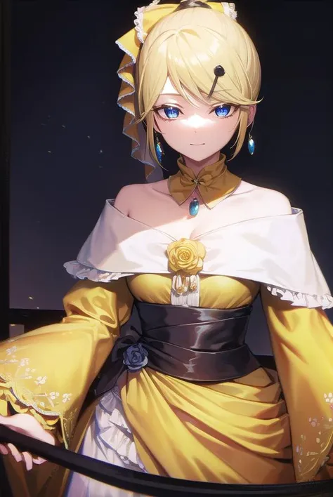 riliane, <lyco:riliane-lyco-nochekaiser:1>,
riliane, blonde hair, blue eyes, ponytail, short hair, parted bangs, <lora:gekioko_v200:1>, smile, grin,
BREAK bow, bracelet, dangle earrings, detached collar, dress, (yellow dress:1.5), dress bow, earrings, flower, flower brooch, frilled dress, frills, gown, hair bow, hair ornament, hairclip, jewelry, long sleeves, necklace, off shoulder, off-shoulder dress, pendant, sash, wide sleeves,
BREAK cowboy shot, looking at viewer,
BREAK indoors,
BREAK <lyco:GoodHands-beta2:1>, (masterpiece:1.2), best quality, high resolution, unity 8k wallpaper, (illustration:0.8), (beautiful detailed eyes:1.6), extremely detailed face, perfect lighting, extremely detailed CG, (perfect hands, perfect anatomy),
