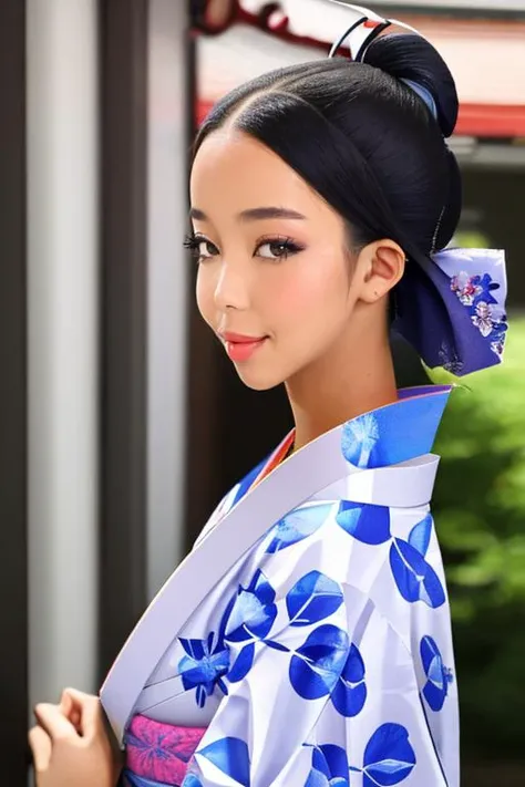 a photo of lia.lin, front view, looking in camera, wearing kimono, colorful, <lora:LiaLin:1>