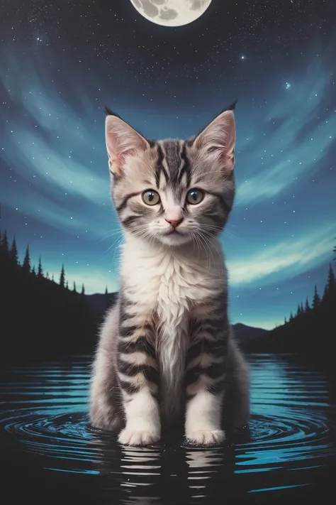 Ultra detailed illustration of a cute fluffy kitten sitting in a clearing flooded with moonlight, starry sky, moon lost in a magical world of wonders, glowy, bioluminescent flora, incredibly detailed, pastel colors, handpainted strokes, visible strokes, oil paint, art by Mschiffer, night, bioluminescence,  mistik style, colorful polaroid with vibrant colors, (vacations, high resolution:1.3), (small, selective focus, european film:1.2)