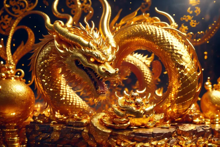 horns, open mouth, fangs, eastern gold dragon, teeth, coiling on gold chibi, treasure, (masterpiece), (realistic), (blurry foreground) <lora:ChineseDragon_v1:0.3>