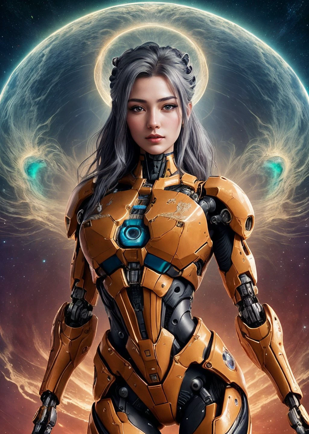 an award winning photograph of a beautiful woman, halo, intricate cyberpunk robot, highly detailed, soft bokeh Deep space nebula background, art by mooncryptowow and popular science <lora:wowifierV3:0.8>, peurto rican girl, Gray-haired head, speak, Anxiety