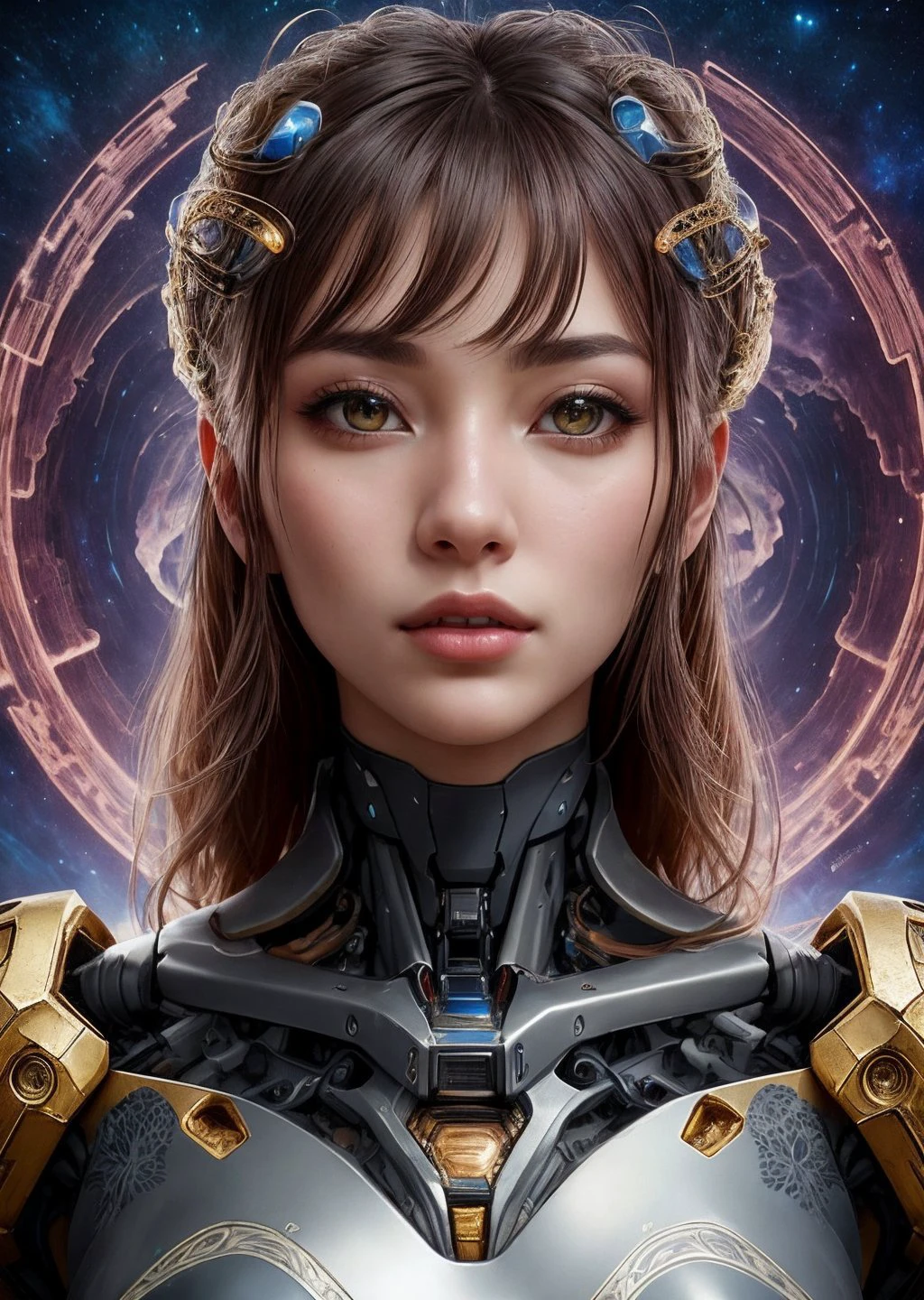 an award winning photograph of a beautiful woman, halo, intricate cyberpunk robot, highly detailed, soft bokeh Deep space nebula background, art by mooncryptowow and popular science <lora:wowifierV3:0.8>, eurasian girl, Brunette head, bounce, Fury