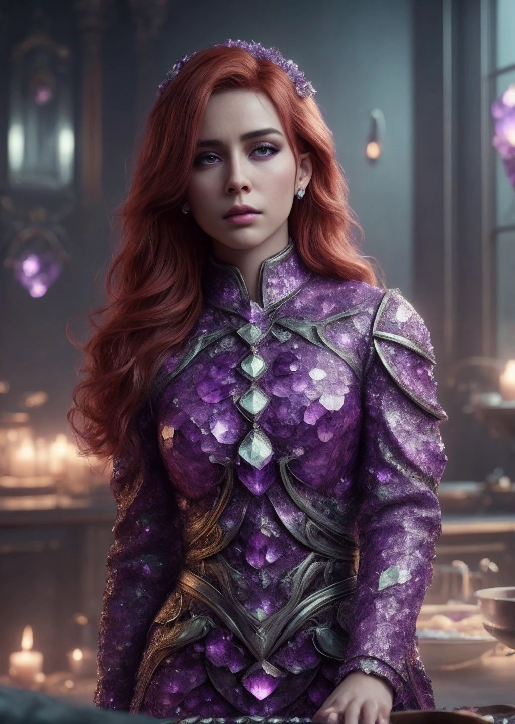 (masterpiece), (realistic), 8k, RAW photo, very wide shot, octane render, unreal engine, volumetrics dtx, (film grain, bokeh, blurry foreground) <lora:amethyst-gem-style-darquelilly-v1:1> amethystgemstyle, purple gems, peurto rican girl, Ginger head, lies, scowling