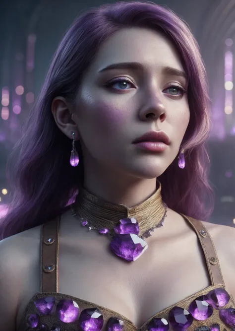 (masterpiece), (realistic), 8k, RAW photo, very wide shot, octane render, unreal engine, volumetrics dtx, (film grain, bokeh, blurry foreground) <lora:amethyst-gem-style-darquelilly-v1:1> amethystgemstyle, purple gems, native american girl, Light brown head, speak, fear