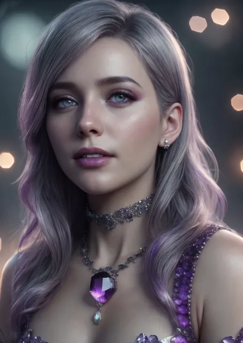 (masterpiece), (realistic), 8k, RAW photo, very wide shot, octane render, unreal engine, volumetrics dtx, (film grain, bokeh, blurry foreground) <lora:amethyst-gem-style-darquelilly-v1:1> amethystgemstyle, purple gems, nordic girl, Gray-haired head, lies, Joy