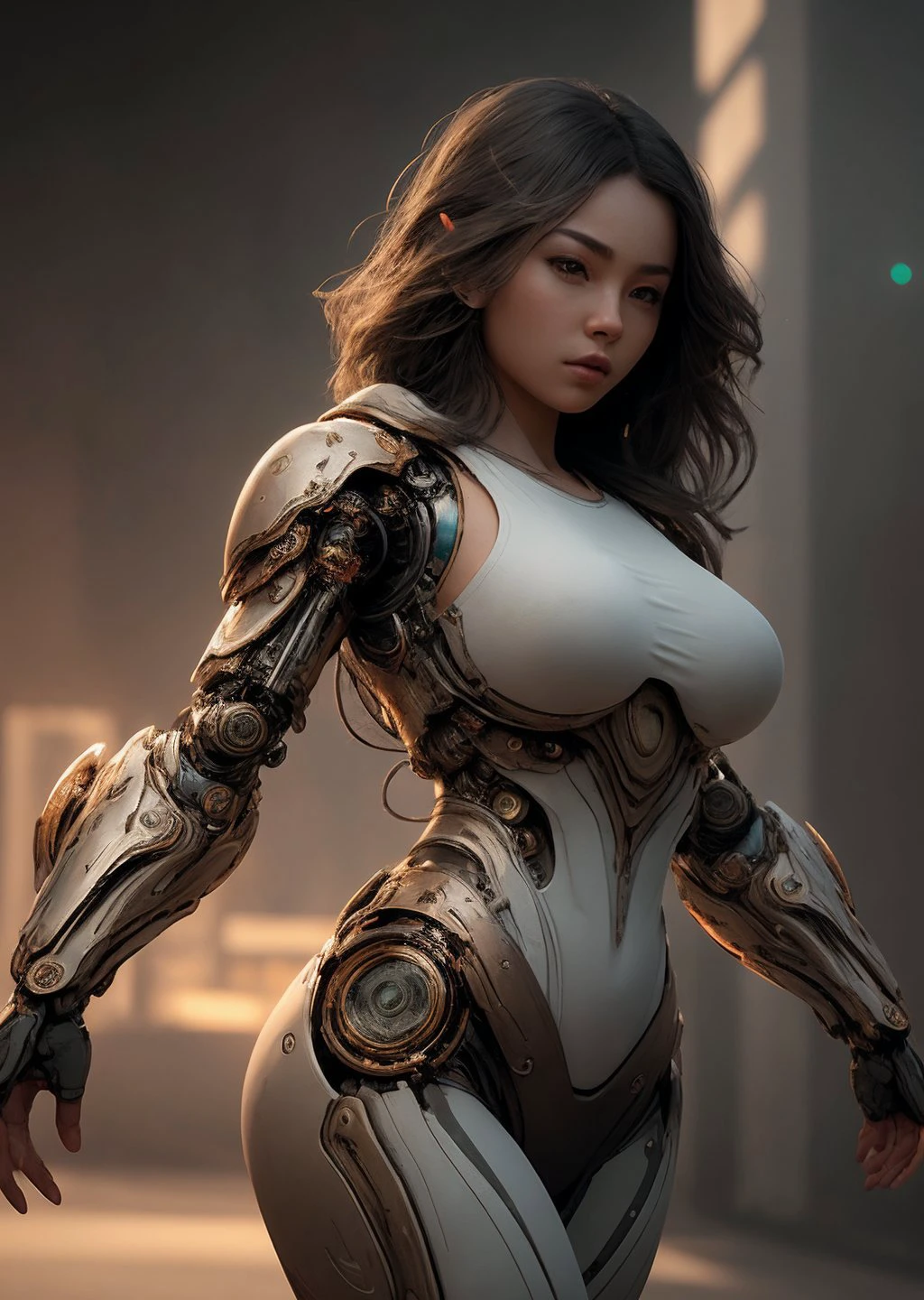 (masterpiece), (realistic), 8k, RAW photo, very wide shot, octane render, unreal engine, volumetrics dtx, (film grain, bokeh, blurry foreground) <lora:arm-mechs-darquelilly-v2:1> chronosformmech, huge breasts,, asian girl, Light brown head, dance, Resentment