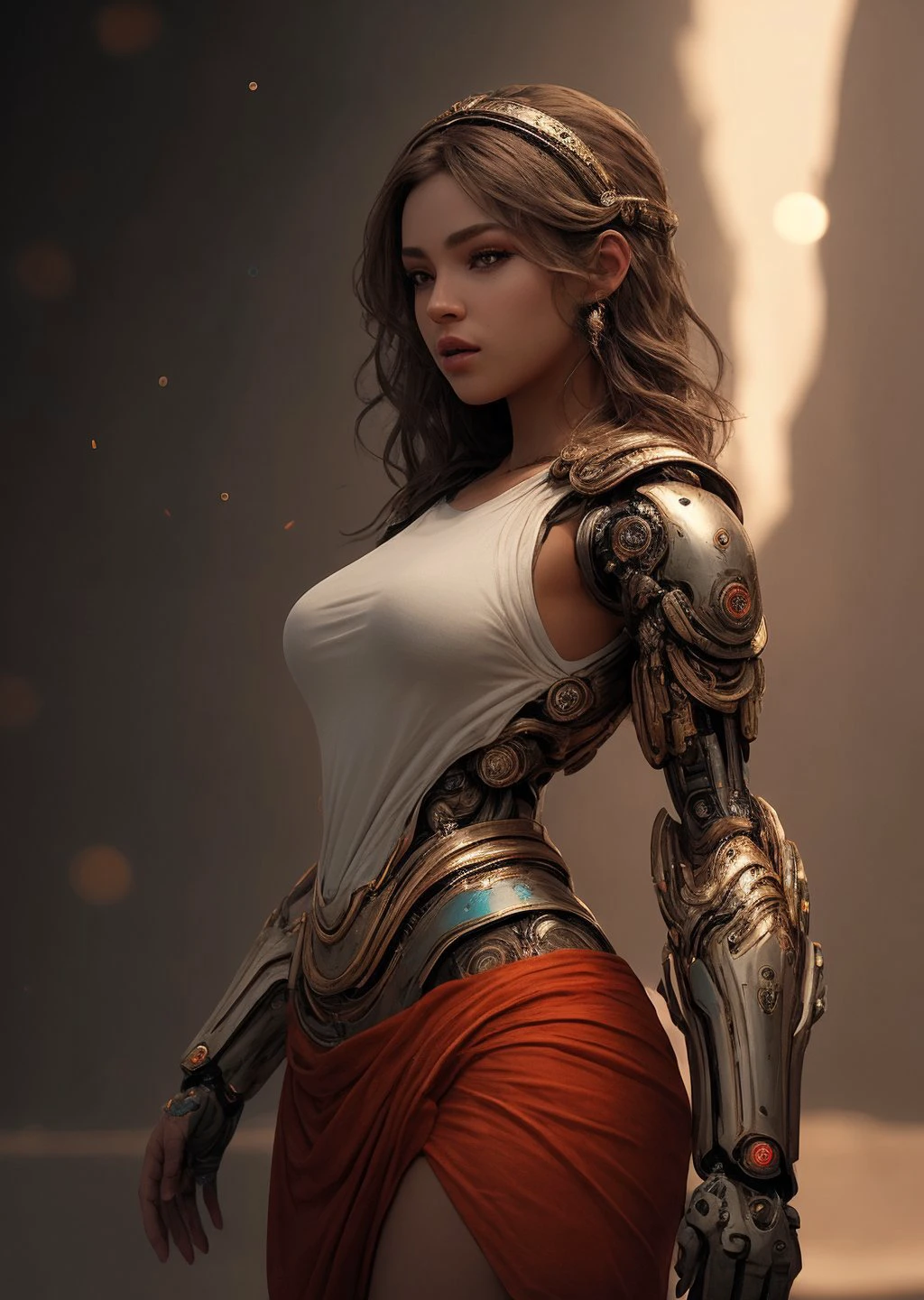 (masterpiece), (realistic), 8k, RAW photo, very wide shot, octane render, unreal engine, volumetrics dtx, (film grain, bokeh, blurry foreground) <lora:arm-mechs-darquelilly-v2:1> chronosformmech, huge breasts,, indian girl, Ginger head, singing, Irritation