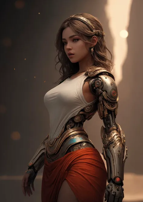 (masterpiece), (realistic), 8k, RAW photo, very wide shot, octane render, unreal engine, volumetrics dtx, (film grain, bokeh, blurry foreground) <lora:arm-mechs-darquelilly-v2:1> chronosformmech, huge breasts,, indian girl, Ginger head, singing, Irritation