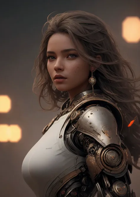 (masterpiece), (realistic), 8k, RAW photo, very wide shot, octane render, unreal engine, volumetrics dtx, (film grain, bokeh, blurry foreground) <lora:arm-mechs-darquelilly-v2:1> chronosformmech, huge breasts,, native american girl, Light brown head, speak, Fear