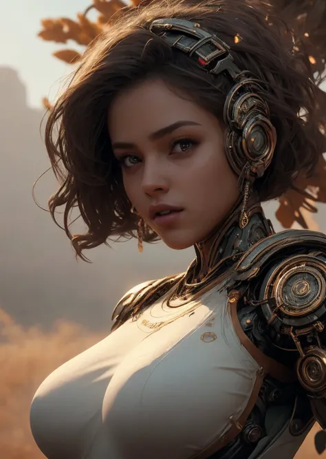 (masterpiece), (realistic), 8k, RAW photo, very wide shot, octane render, unreal engine, volumetrics dtx, (film grain, bokeh, blurry foreground) <lora:arm-mechs-darquelilly-v2:1> chronosformmech, huge breasts,, indian girl, Ginger head, a fall, Delight