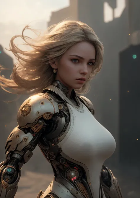 (masterpiece), (realistic), 8k, RAW photo, very wide shot, octane render, unreal engine, volumetrics dtx, (film grain, bokeh, blurry foreground) <lora:arm-mechs-darquelilly-v2:1> chronosformmech, huge breasts,, nordic girl, Blond head, fights, madness