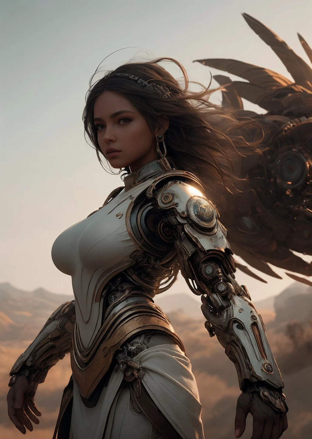 (masterpiece), (realistic), 8k, RAW photo, very wide shot, octane render, unreal engine, volumetrics dtx, (film grain, bokeh, blurry foreground) <lora:arm-mechs-darquelilly-v2:1> chronosformmech, huge breasts,, native american girl, Brown-haired head, speak, Fear