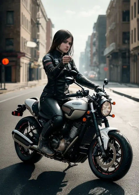 (Riding a motorcycle through empty streets:1.3), highly detailed face, (miniature woman), In a persons hand, (masterpiece), (realistic), 8k, RAW photo, very wide shot, octane render, unreal engine, volumetrics dtx, (film grain, bokeh, blurry foreground)