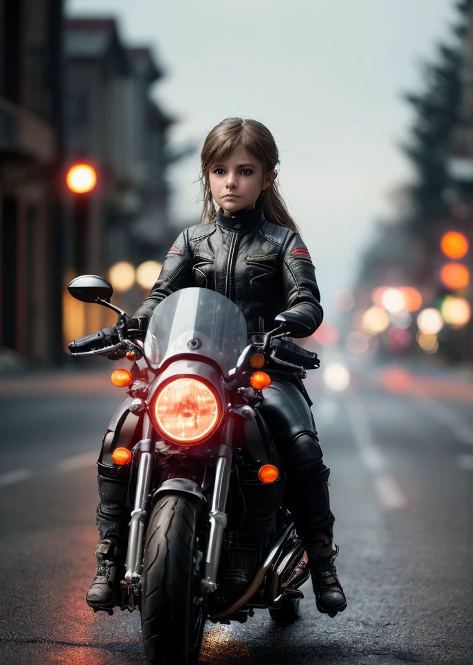 (Riding a motorcycle through empty streets:1.3), highly detailed face, (miniature woman), In a persons hand, (masterpiece), (realistic), 8k, RAW photo, very wide shot, octane render, unreal engine, volumetrics dtx, (film grain, bokeh, blurry foreground)