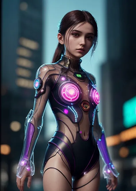 a vivid nanopunk painting, transparent, Lavish, low camera angle, upper body girl, Brown-haired long hair, fights, Sadness art movement, (mutate transparent body:1.4), (transparent clothes like glass:1.4), illuminated from within with neon light, City background, maroon and purple, scifi, (realistic), 8k, RAW photo, volumetrics dtx, (film grain, bokeh, blurry foreground), (masterpiece), (realistic), 8k, RAW photo, very wide shot, octane render, unreal engine, volumetrics dtx, (film grain, bokeh, blurry foreground)