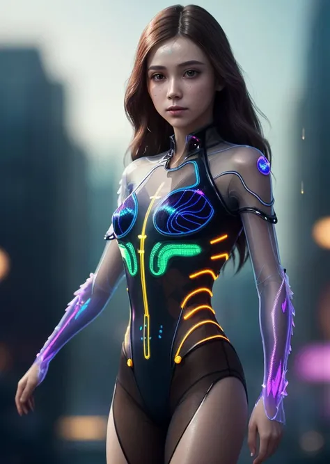 a vivid nanopunk painting, transparent, Lavish, low camera angle, upper body girl, Brown-haired long hair, dance, Malice art movement, (mutate transparent body:1.4), (transparent clothes like glass:1.4), illuminated from within with neon light, City background, maroon and purple, scifi, (realistic), 8k, RAW photo, volumetrics dtx, (film grain, bokeh, blurry foreground), (masterpiece), (realistic), 8k, RAW photo, very wide shot, octane render, unreal engine, volumetrics dtx, (film grain, bokeh, blurry foreground)