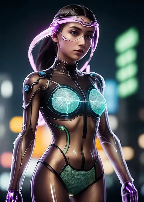 a vivid nanopunk painting, transparent, Lavish, low camera angle, upper body girl, Light brown long hair, at least, Ecstasy art movement, (mutate transparent body:1.4), (transparent clothes like glass:1.4), illuminated from within with neon light, City background, maroon and purple, scifi, (realistic), 8k, RAW photo, volumetrics dtx, (film grain, bokeh, blurry foreground), (masterpiece), (realistic), 8k, RAW photo, very wide shot, octane render, unreal engine, volumetrics dtx, (film grain, bokeh, blurry foreground)