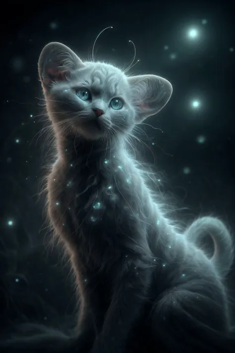 ais ghostly, a cat morph like a foggy haze, transparent fur, in the style of an X-ray, on a dark bokeh background, moody lighting, Milky fog all around <lora:Proto:0.7> Proto, (masterpiece), (realistic), 8k, RAW photo, very wide shot, octane render, unreal engine, volumetrics dtx, (film grain, bokeh, blurry foreground)