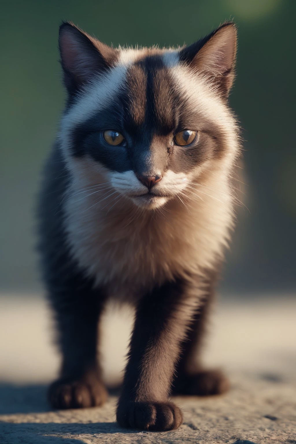 Cat morph honey badger, (masterpiece), (realistic), 8k, RAW photo, very wide shot, octane render, unreal engine, volumetrics dtx, (film grain, bokeh, blurry foreground)