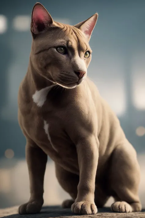 Cat morph pit bull, (masterpiece), (realistic), 8k, RAW photo, very wide shot, octane render, unreal engine, volumetrics dtx, (film grain, bokeh, blurry foreground)