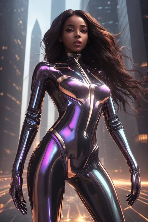 black woman 25yo, Brown-haired head, a fall, A pity, , iridescent metallic colors transparency, (seductive pose:1.5), high-tech, futuristic, volumetric lighting , city background