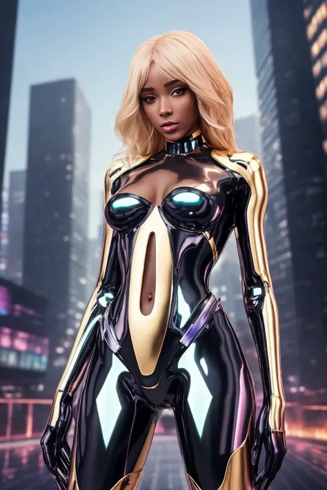 black woman 25yo, Blond head, pointing, confusion, , iridescent metallic colors transparency, (seductive pose:1.5), high-tech, futuristic, volumetric lighting , city background