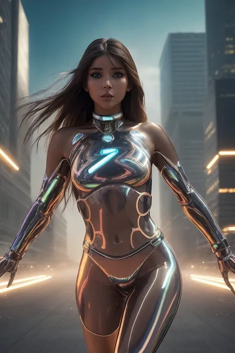 native american woman 25yo, Light brown head, run, Melancholy, , iridescent metallic colors transparency, (seductive pose:1.5), high-tech, futuristic, volumetric lighting , city background