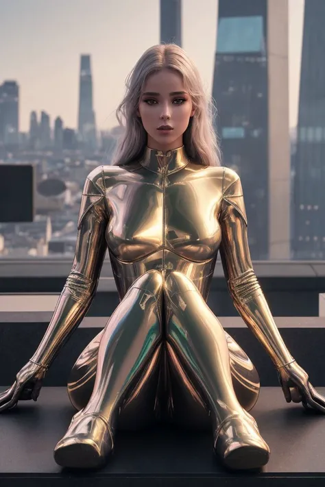 nordic woman 25yo, Light brown head, is sitting, madness, , iridescent metallic colors transparency, (seductive pose:1.5), high-tech, futuristic, volumetric lighting , city background