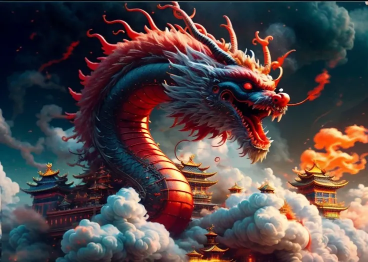 <lora:XmasTech-20:0.5> XmasTech, <lora:Ne]:1>, cloud, chine architecture, east asian architecture, red eyes, horns, open mouth, sky, fangs, eastern black dragon, cloudy sky, teeth, flying, fire, bird, wings, (masterpiece), (realistic), 8k, RAW photo, very wide shot, octane render, unreal engine, volumetrics dtx, (film grain, bokeh, blurry foreground)