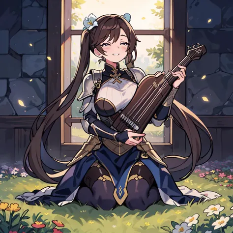 1girl, solo, full body, flower field, flowers, indoors, dark, holding instrument, brown hair, very long hair, twintails, indigo eyes, tall, armor, large breasts, (closed eyes:1.2), smile <lora:thick line anime:1>