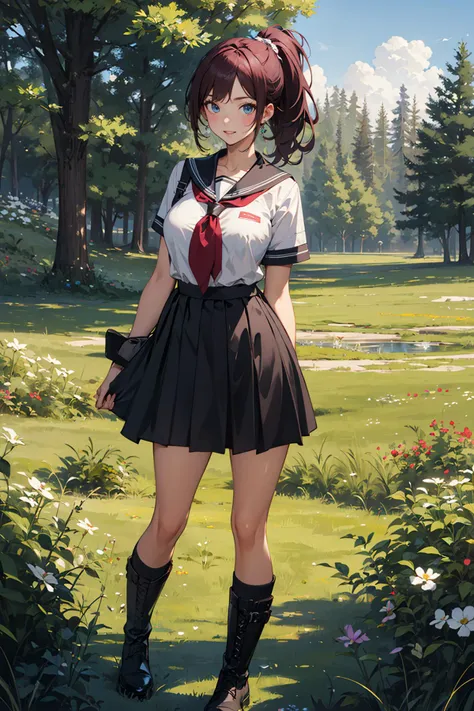 ((masterpiece)), (best quality), official art, extremely detailed CG, unity 8k wallpaper, ultra detailed, front light, 
1girl,solo, 1girl, solo, rule of thirds, meadow, wildflower carpet, gentle grass, serene ambiance, midnight, Hands behind back, suggesting confidence or restraint, burgundy hair, Taper Fade with Textured Top, folded ponytail, sky blue eyes, muscular female, large breasts, school uniform, Suede boots, happy,