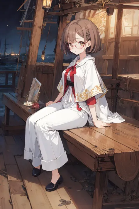 masterpiece,4k,best quality,slim,thin,skinny,mesugaki,petite,
(full body:1.2),
1girl, solo, wide angle, wide shot, full body, pirate ship, at Evening glow, prone bone, Brown hair, very short hair, asymmetrical bangs, White eyes, pale skin, poncho, striped pants, black-framed eyewear, large breasts, shy, blush,