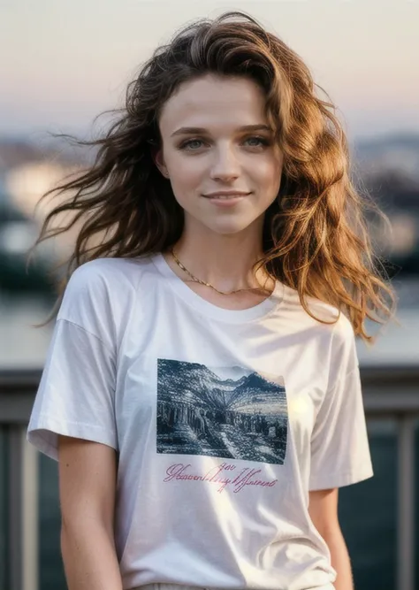 Beauitful portait photogrpahy by David Bellemere of the lovely  S445_NelyaJorden:1.1, long hair, wearing white tee shirt,(4k, RAW photo, best quality, golden hour, depth of field, ultra high res:1.1),(intricate, photorealistic, cinematic-shot,   <lora:more_details:0.7>