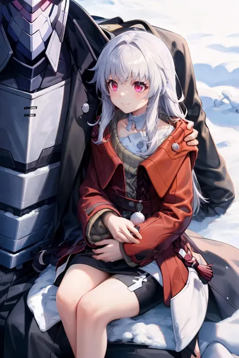 masterpiece, best quality, <lora:klara:1>,klara, 1girl, barefoot, sitting, long hair, snowing, robot, 1boy, white hair, dress, red eyes, snow, bangs, mecha, long sleeves, smile, pink eyes, black pants, closed mouth, sitting on lap, bare shoulders, pants, jacket, blurry