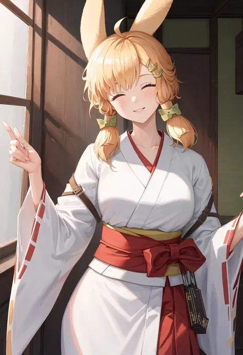 best quality, masterpiece, highres, solo, {kroos_arknights:0.90}, {white kimono:1.35}, {red hakama:1.35}, {wide sleeves:1.20}