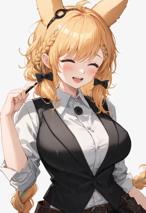 best quality, masterpiece, highres, solo, {kroos_arknights:0.90}, 1girl, :d, ^_^, black_vest, collared_shirt, facing_viewer, open_mouth, upper_body, white_shirt, multicolored_hair, upper_teeth_only, very_long_hair, blush, hand_up, official_alternate_costume, simple_background, white_background, dress_shirt, single_braid