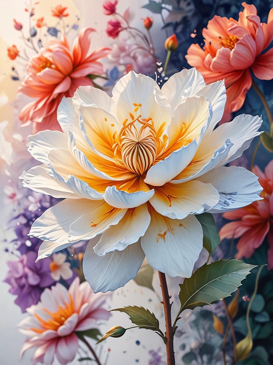 abstract, concept: a dream in full bloom, floral elements, big flowers, intricate, stunning, mimalist, white, subtle, classy, luxury, magical realm effect, enchanting, illustration, beauty of contrast color pairing, east meets west, juxtaposition, cinematic, <lora:Cute_3D_Cartoon:0.8>