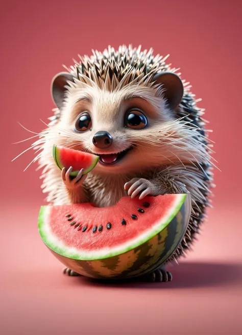 a small hedgehog holding a piece of watermelon with its tiny paws, taking little bites, eyes closed in delight, cute ink  highly detailed intricated concept art trending artstation 8k <lora:Cute_3D_Cartoon:0.35>, subsurface scattering, Photorealistic, Hyperrealistic, analog style, realistic, film photography, soft lighting, heavy shadow