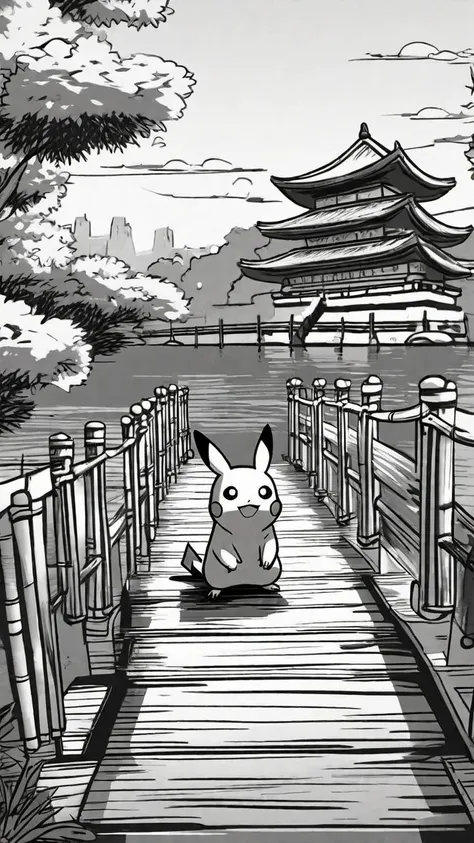 Pikachu, Pokemon, water, bamboo, Chinese bridge, <lora:The_Simplest:0.5>, masterpiece, 8k, sharp, heavy shadow, <lora:Cute_3D_Cartoon:0.08>, palace background