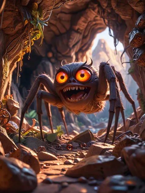 a monstrous, huge spider with glowing eyes guards a cave full of treasures, <lora:Cute_3D_Cartoon:0.7>
