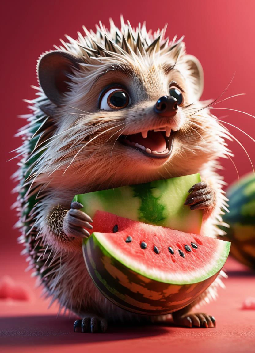 a small hedgehog holding a piece of watermelon with its tiny paws, taking little bites, eyes closed in delight, cute ink highly detailed intricated concept art trending artstation 8k <lora:Cute_3D_Cartoon:0.35>, subsurface scattering, Photorealistic, Hyperrealistic, analog style, realistic, film photography, soft lighting, heavy shadow