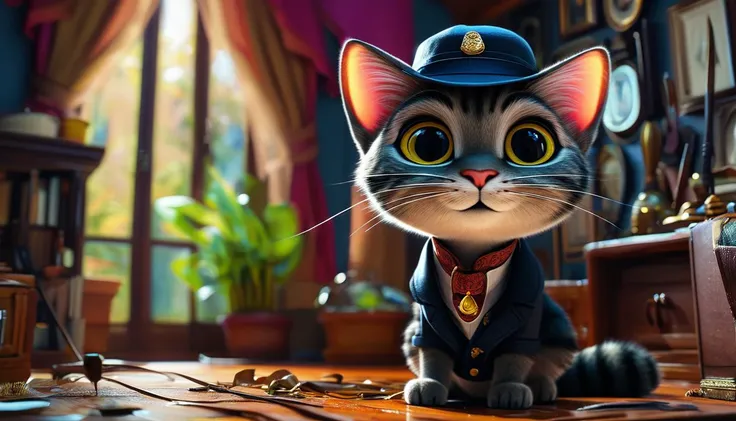 impactful paint of a cat detective seeking   in a room   <lora:Cute_3D_Cartoon:1>,    highly detailed,   8k,   sharp,  professional, clear,   high contrast, high saturated, , vivid deep blacks, crystal clear