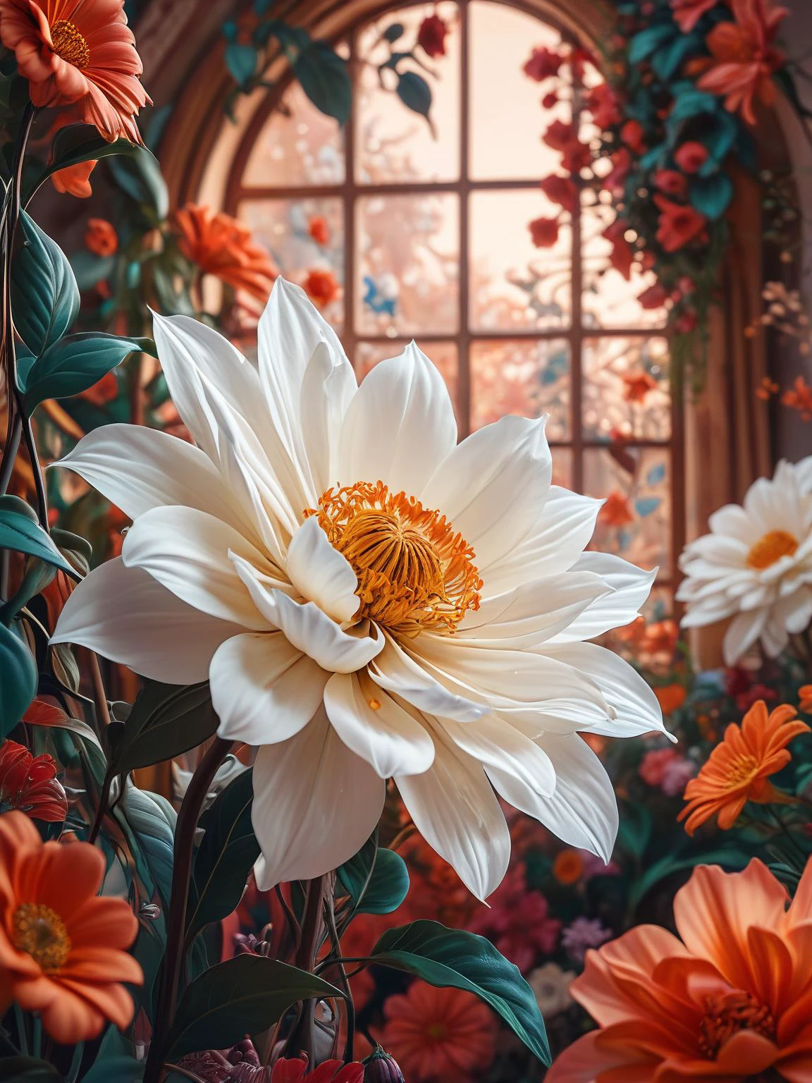 abstract, concept: a dream in full bloom, floral elements, big flowers, intricate, stunning, mimalist, white, subtle, classy, luxury, magical realm effect, enchanting, illustration, beauty of contrast color pairing, east meets west, juxtaposition, cinematic, <lora:Cute_3D_Cartoon:0.8>