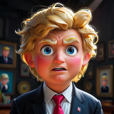 impactful paint of A cute donald trump lookt at the camera , highly detailed, 8k, sharp, professional, clear, high contrast, high saturated, , vivid deep blacks, crystal clear, <lora:Cute_3D_Cartoon:1>